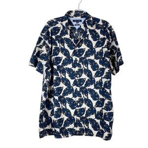 Tommy Hilfiger Men's Tropical Blue Linen Blend Short Sleeve Button Down Shirt